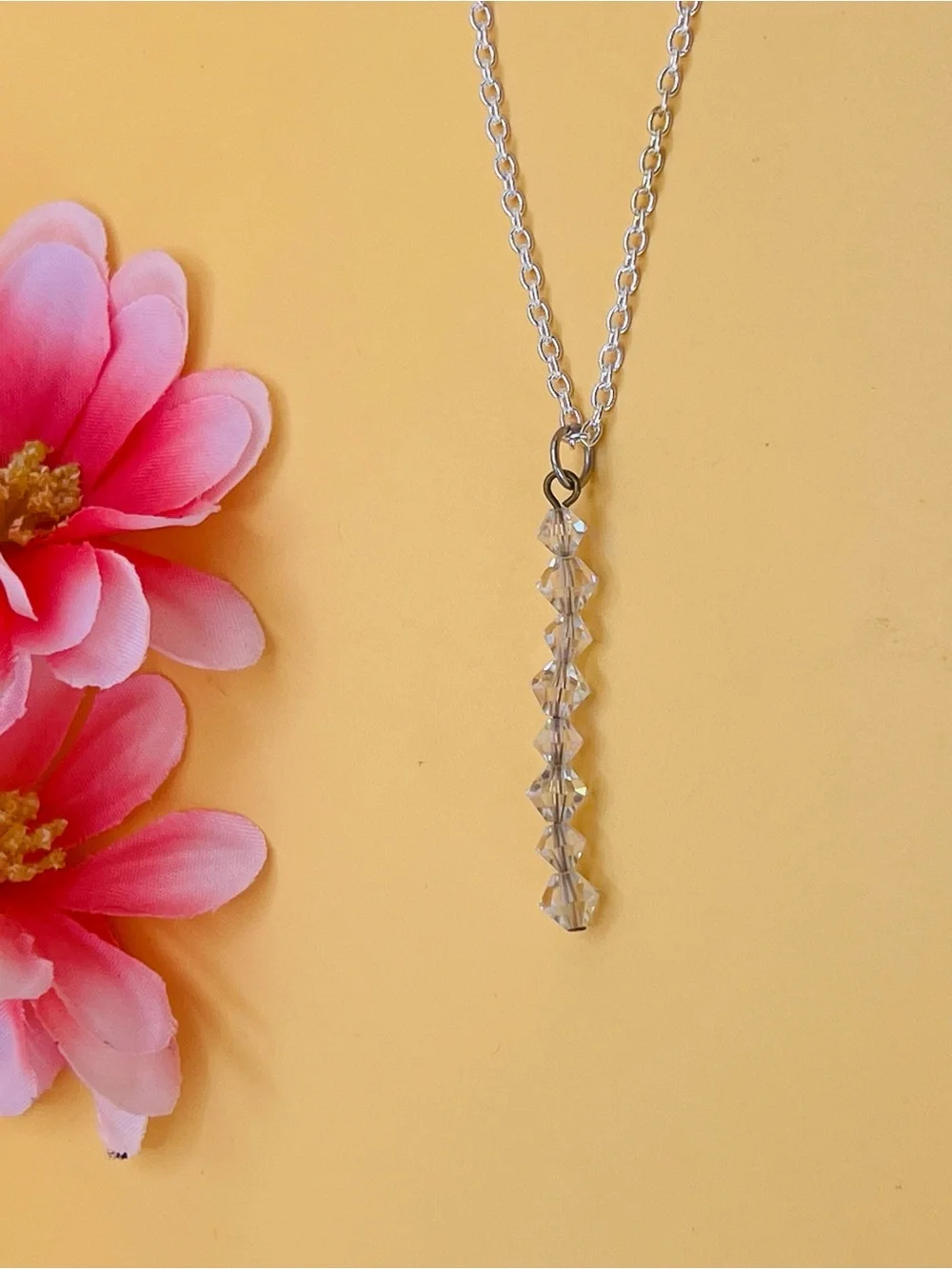 Clear Crystal Bar Pendant Necklace silver tone